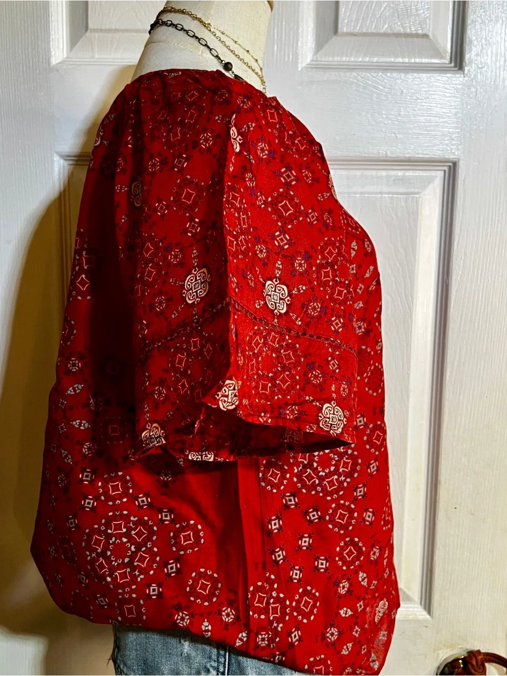 Sonoma Wms Red Turquoise Cotton Paisley Lace Inset Boho Casual Peasant Top M - Picture 4 of 11